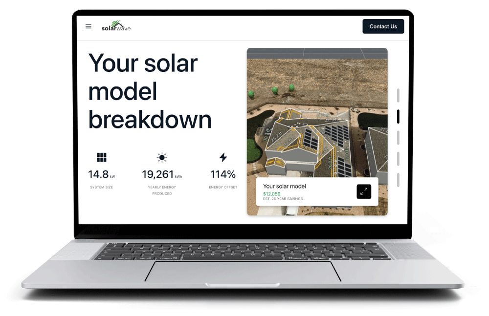 Solar Wave 3D solar model breakdown shown on a laptop — 14.8 kW system, 19,261 kWh produced yearly, 114% energy offset